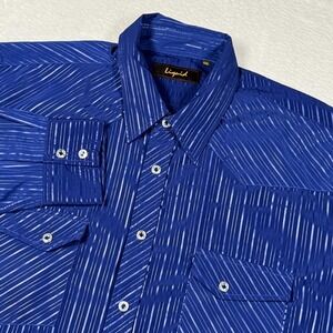 Liquid Shirt Mens 2XL Blue Stripe Western Snap Long Sleeve Rhinestone Cowboy
